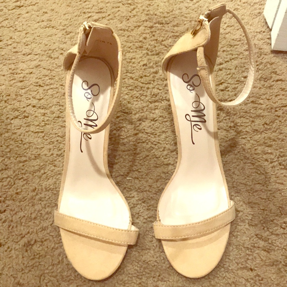 Beige thin strap heels with gold zipper back